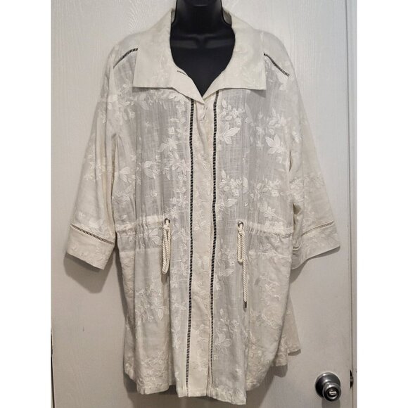Chico’s Women’s White Floral Embroidered Linen Utility Jacket Sz 4 Fairy Cottage - Picture 1 of 12